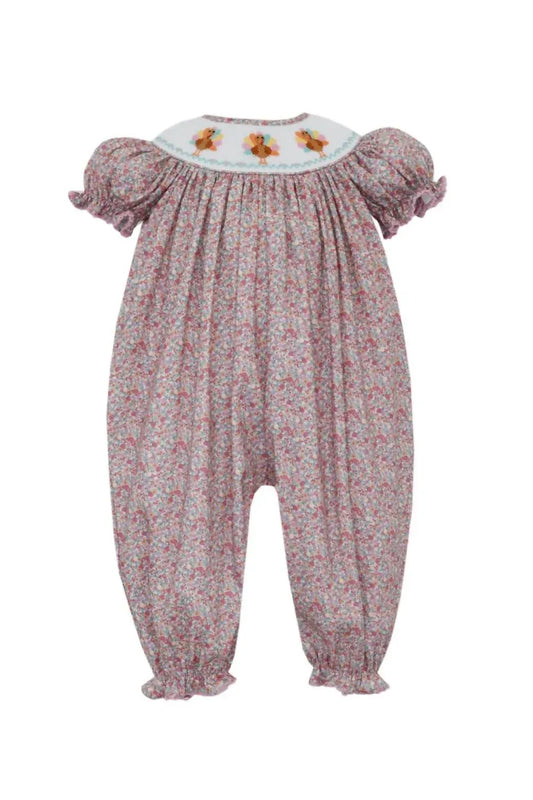 Anavini - Girl's Floral Turkey Girl Puff Sleeve Smocked Romper With Insert - Rack Hunt
