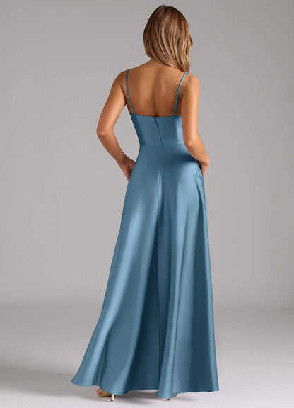 Silky Satin A-Line Gown with Spaghetti Straps