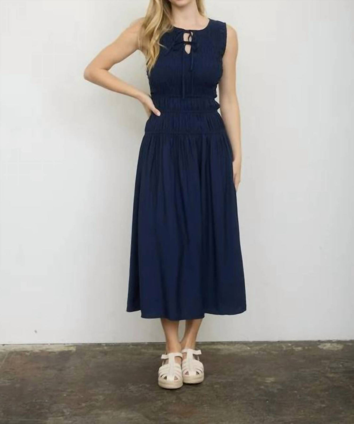 Front Tie Smocked Sleeveless Shirred Midi Dress