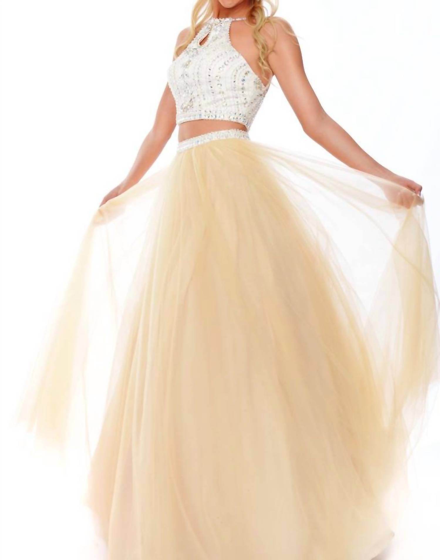 Precious Formals - Two Piece Beaded Halter Evening Gown - Rack Hunt