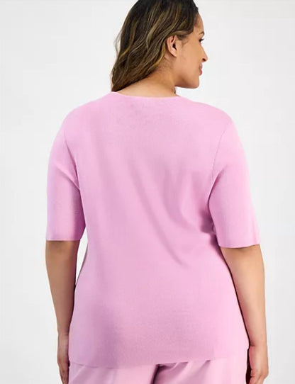 Round Neck Short Sleeve Sweater Tee Shirt - Plus