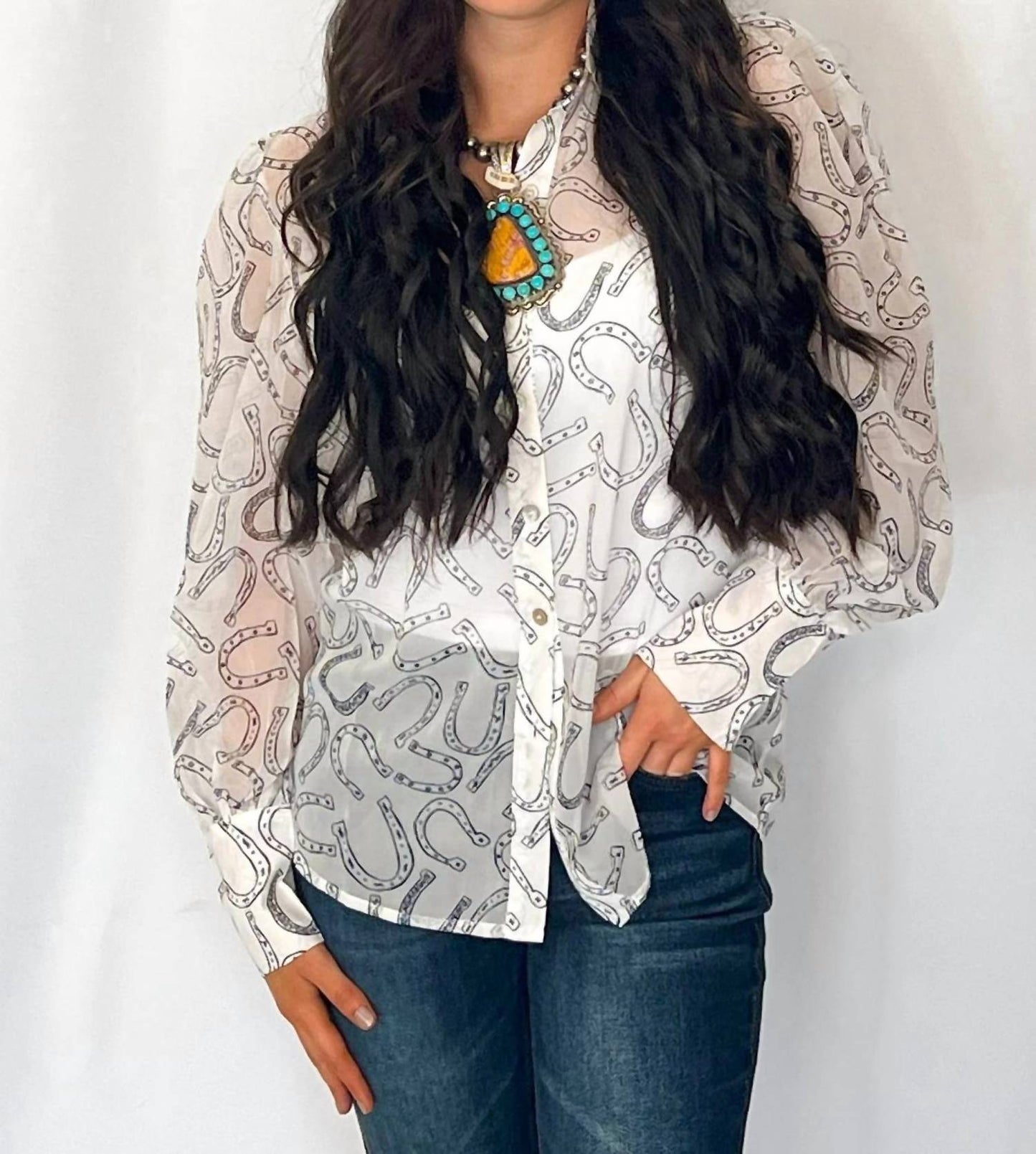 Sheer Chiffon Horseshoe Print Western Blouse