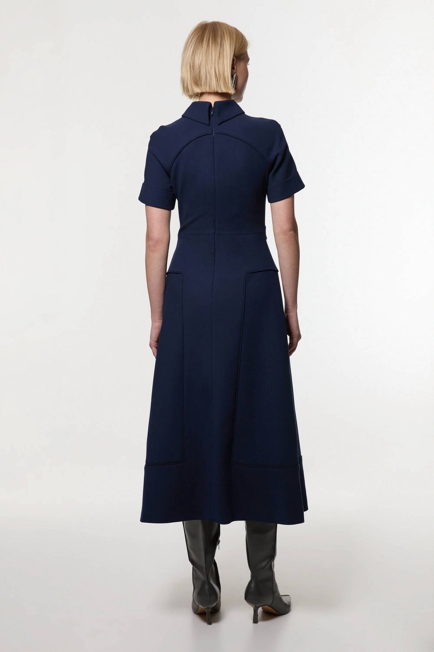 Compact stretch tipped tab detail full skirted midi dress