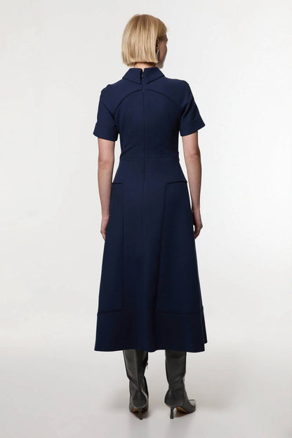 Compact stretch tipped tab detail full skirted midi dress