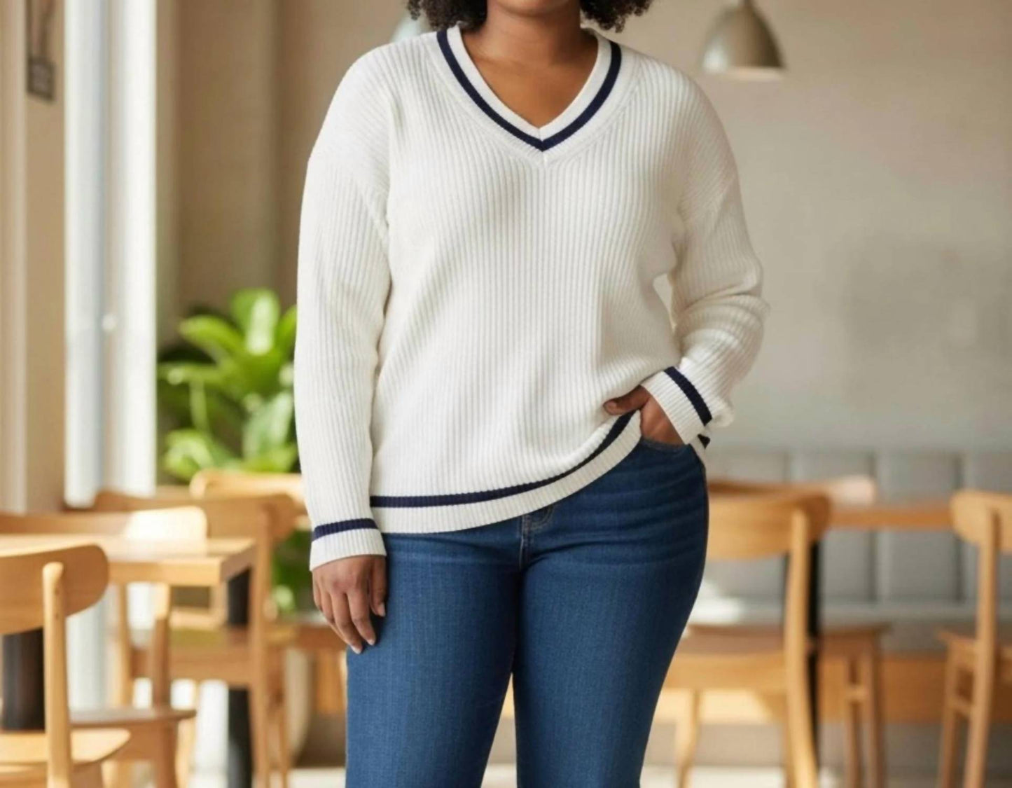 Women’s V Neck Ribbed Sweater - Plus