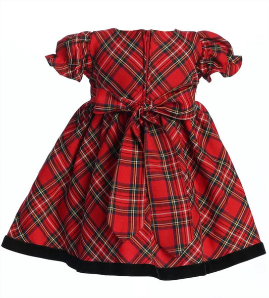 Girl's Short Sleeve Plaid On Hem Holiday Dress
