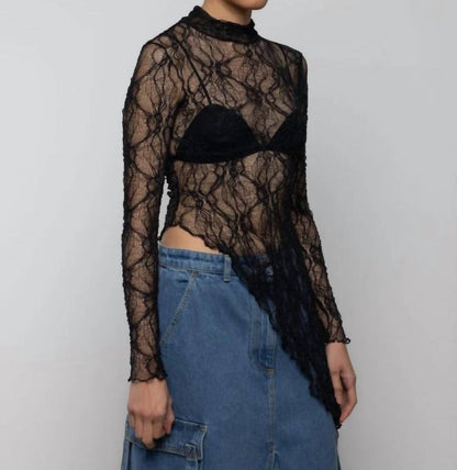 Women's Lace Asymmetric High Neck Top