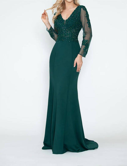 Mother Of The Bride Long Sleeve Beaded Evening Gown