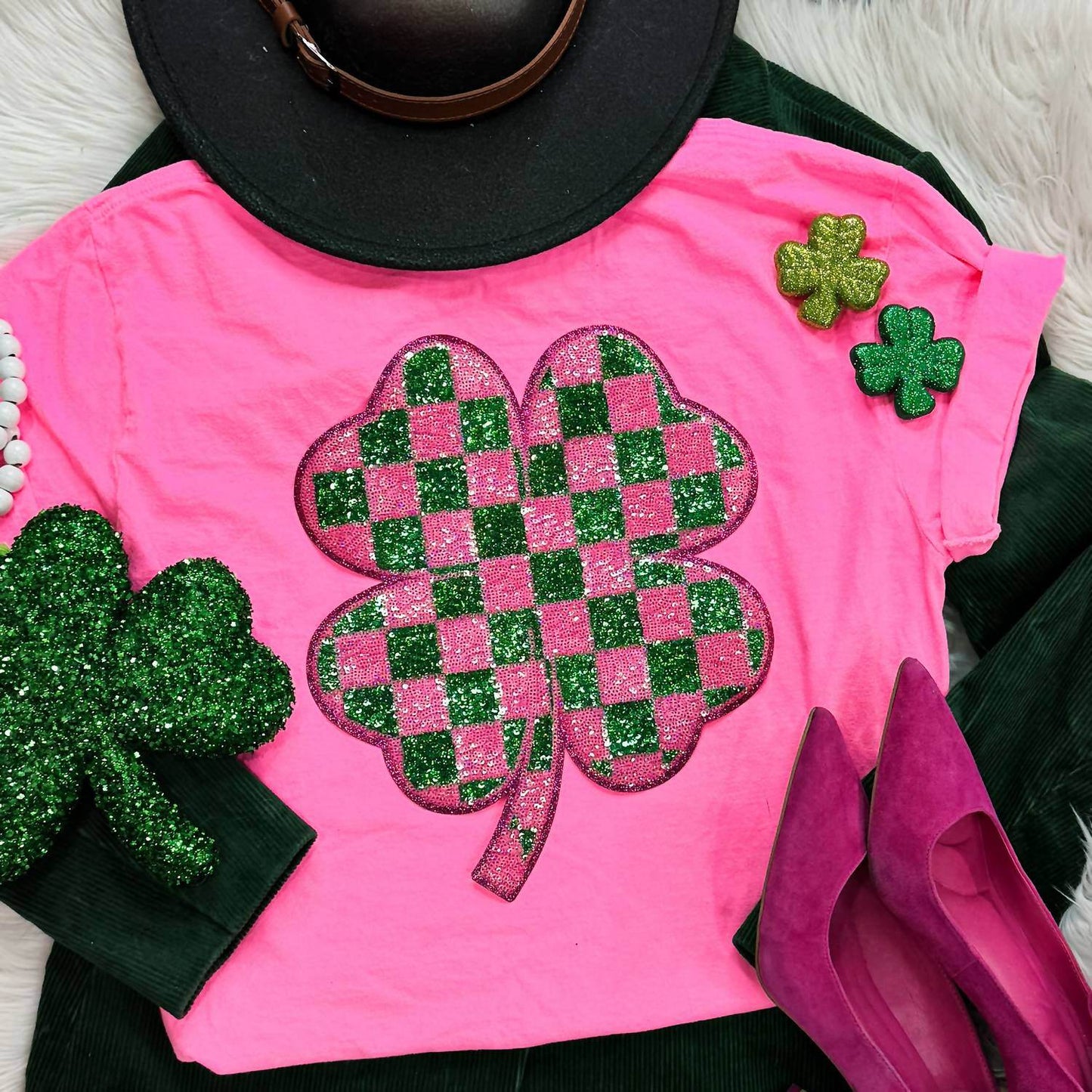 Trendy Tee Co. - Neon Pink Checkered Shamrock Sequin Patch Tee - Rack Hunt -