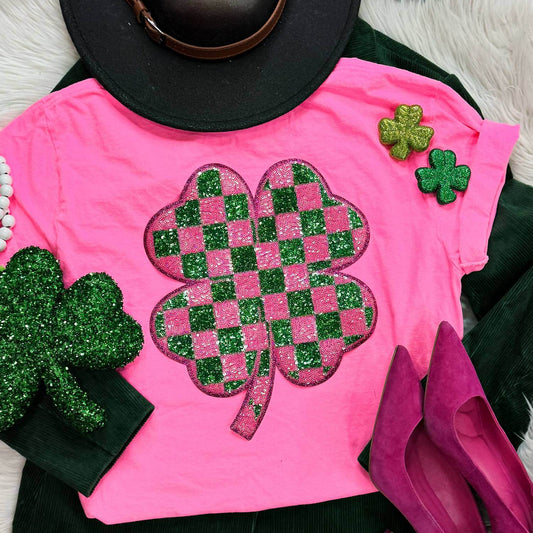 Trendy Tee Co. - Neon Pink Checkered Shamrock Sequin Patch Tee - Rack Hunt -