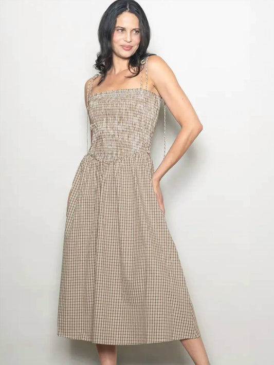 SMOCKED CHEST DROP WAIST PLAID CHECKERED DRESS WITH POCKETS