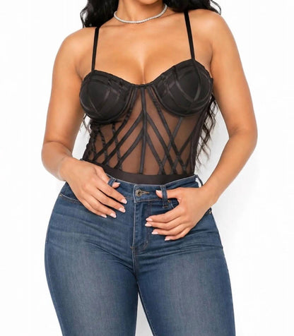 What A Day Adjustable Strap Mesh Detail Fitted Leotard Bodysuit