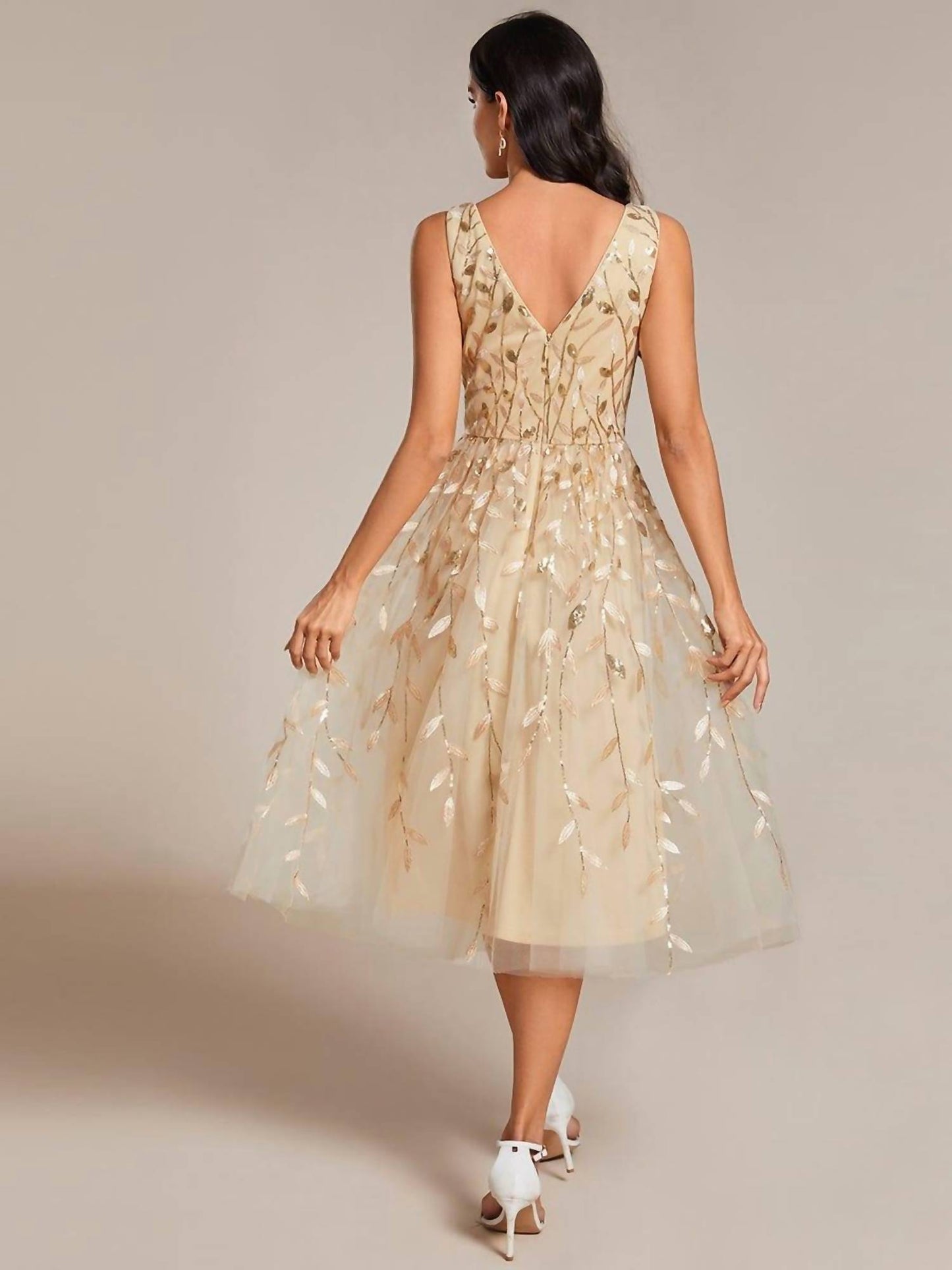 V-neck Leaf Sequined Sleeveless A-line Midi Wedding Guest Dress