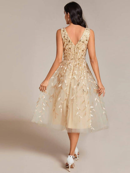 V-neck Leaf Sequined Sleeveless A-line Midi Wedding Guest Dress