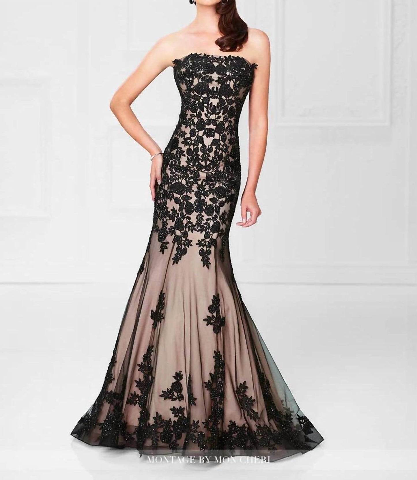 Social Occasions by Mon Cheri - Sequined Brocade Lace Nude Strapless Long Gown - Rack Hunt -