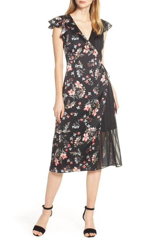 Avec Les Filles - Cosmo Flower Satin Chiffon Wrap Dress - Rack Hunt