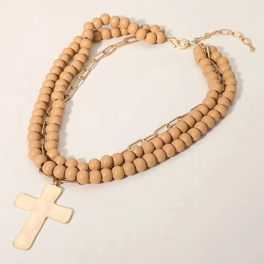 Sensibling Corp - Women's Maribelle Hammered Metal Cross Pendant Wood Bead Necklace - Rack Hunt
