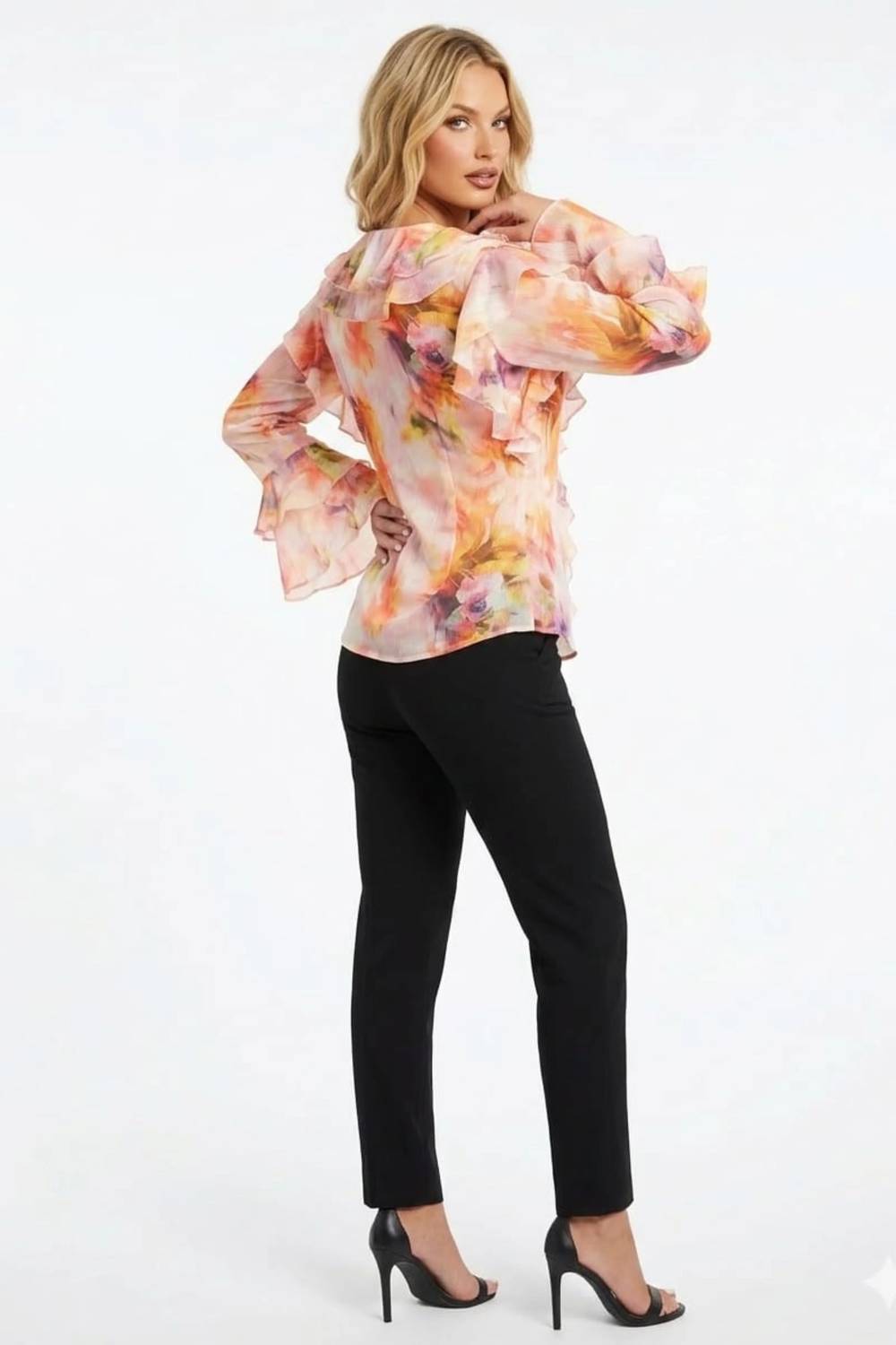 Vibrant Abstract Floral Ruffle Statement Blouse