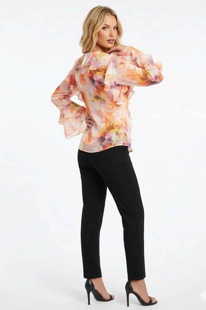 Vibrant Abstract Floral Ruffle Statement Blouse