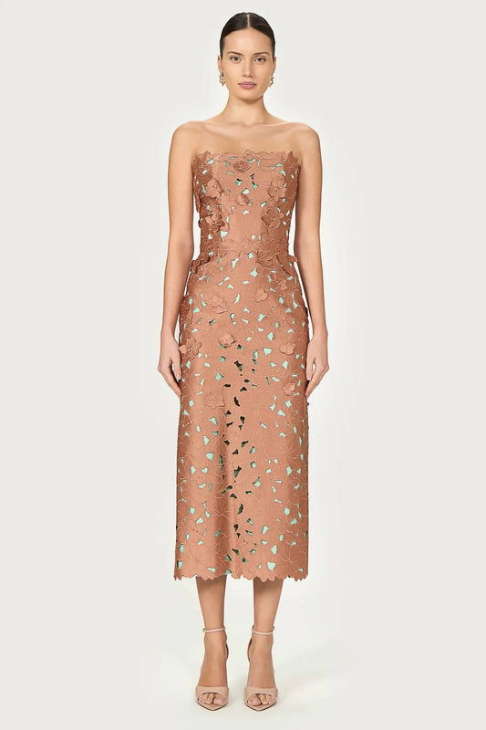 Zira floral cut strapless pencil dress