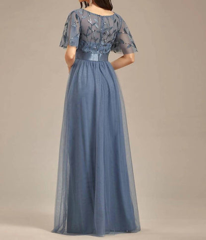 Sequin Bodice Empire Waist Maxi Prom Dress With Sleeves
