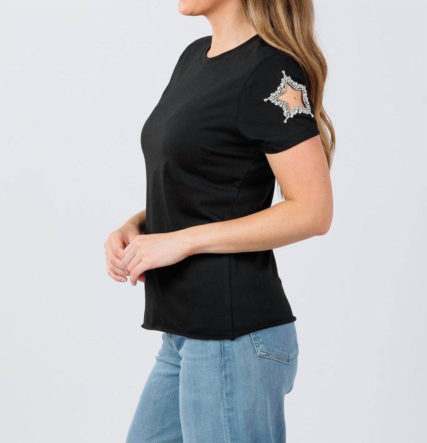 Suzy T - Women's Stars Cut Out Sleeve Top - Rack Hunt -