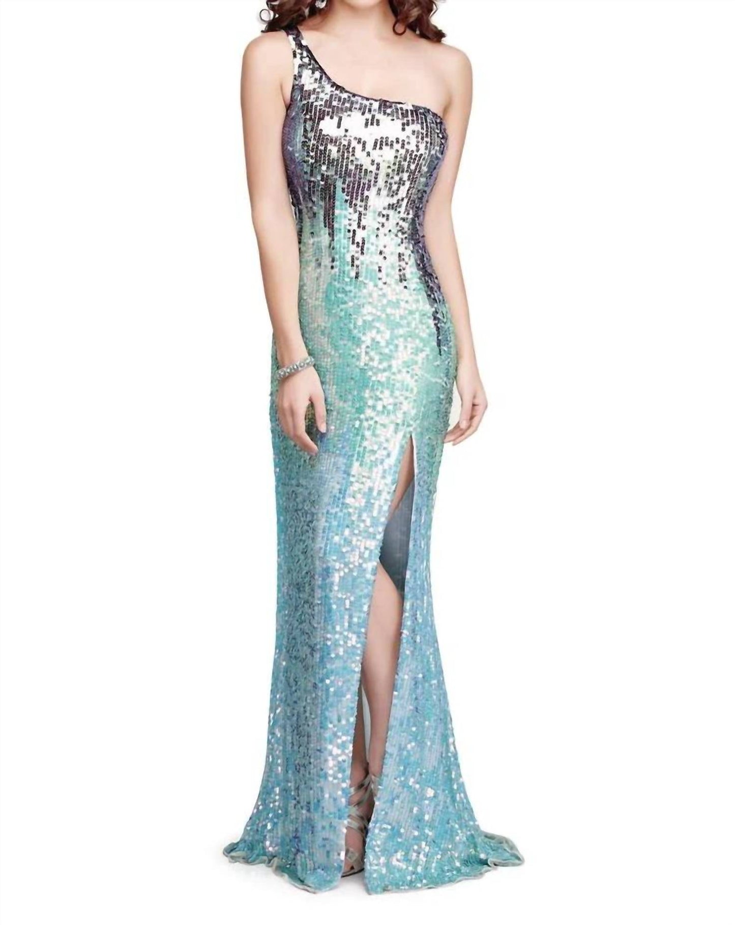 One Shoulder Intricately Beaded Prom Gown
