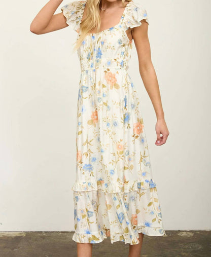 Floral Scoop Neck Ruffle Short Sleeve Midi Dress