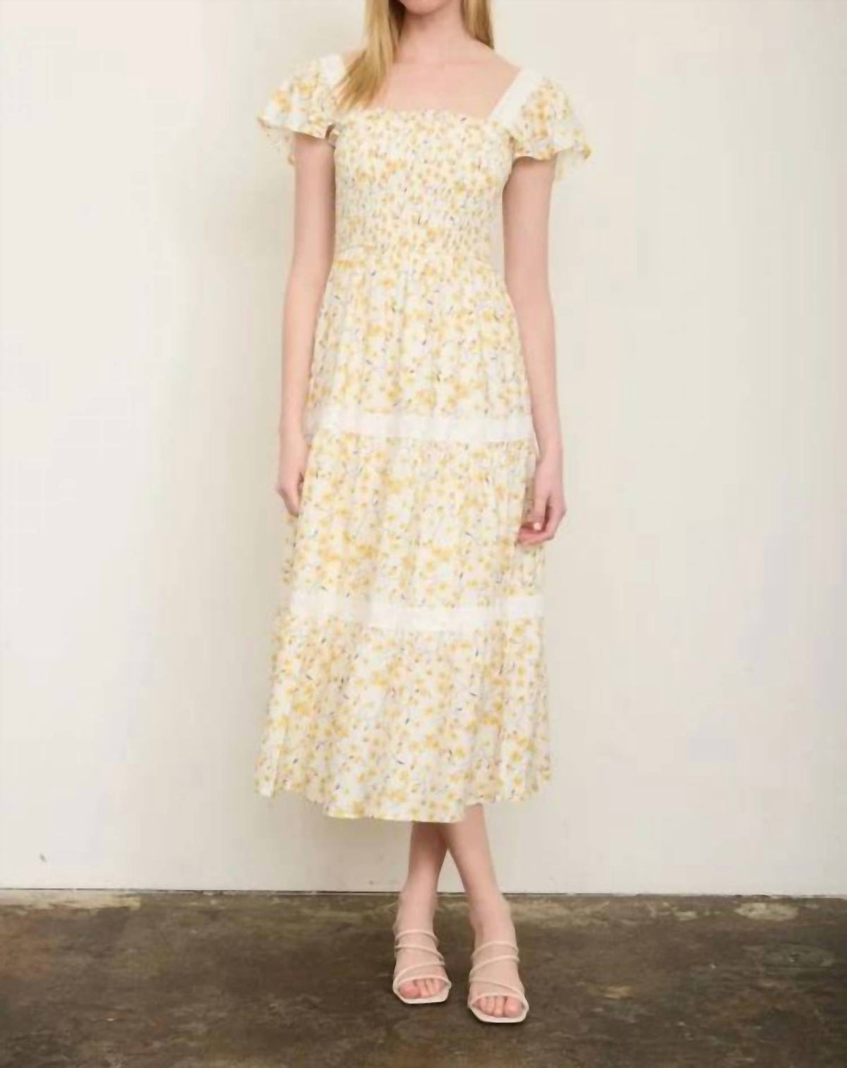 Floral Lace Trim Smocked Tiered Midi Dress