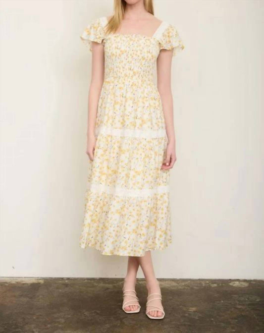 Floral Lace Trim Smocked Tiered Midi Dress