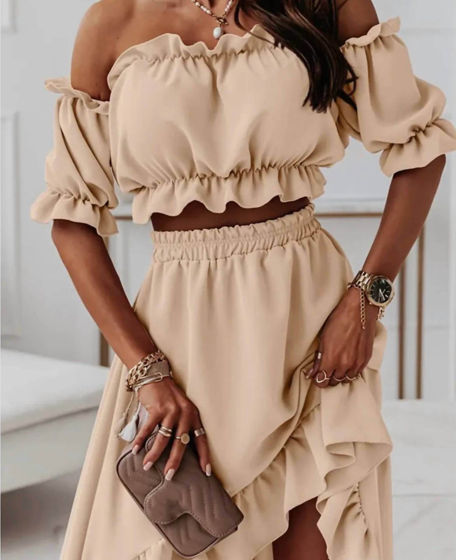 Doublju - Tessa Off The Shoulder Cropped Hi Low Ruffled Two Piece Skirt Set - Rack Hunt -