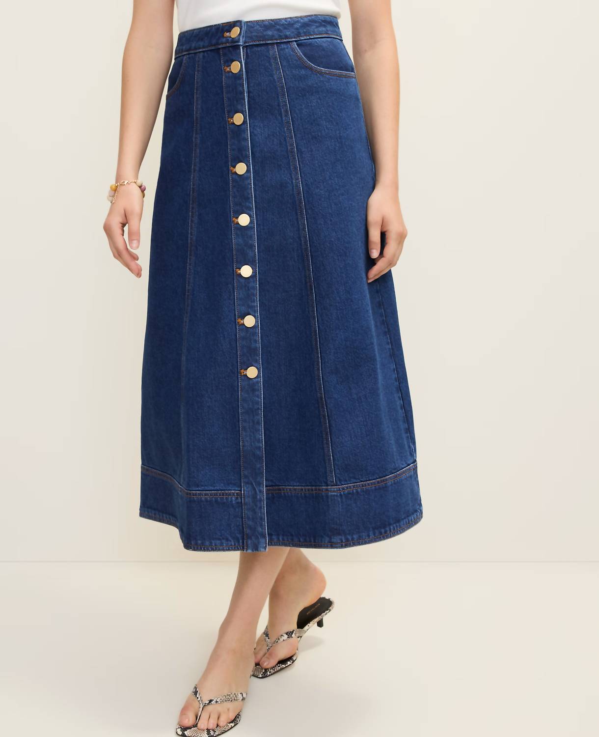 Petite Buttoned Denim Midi Skirt