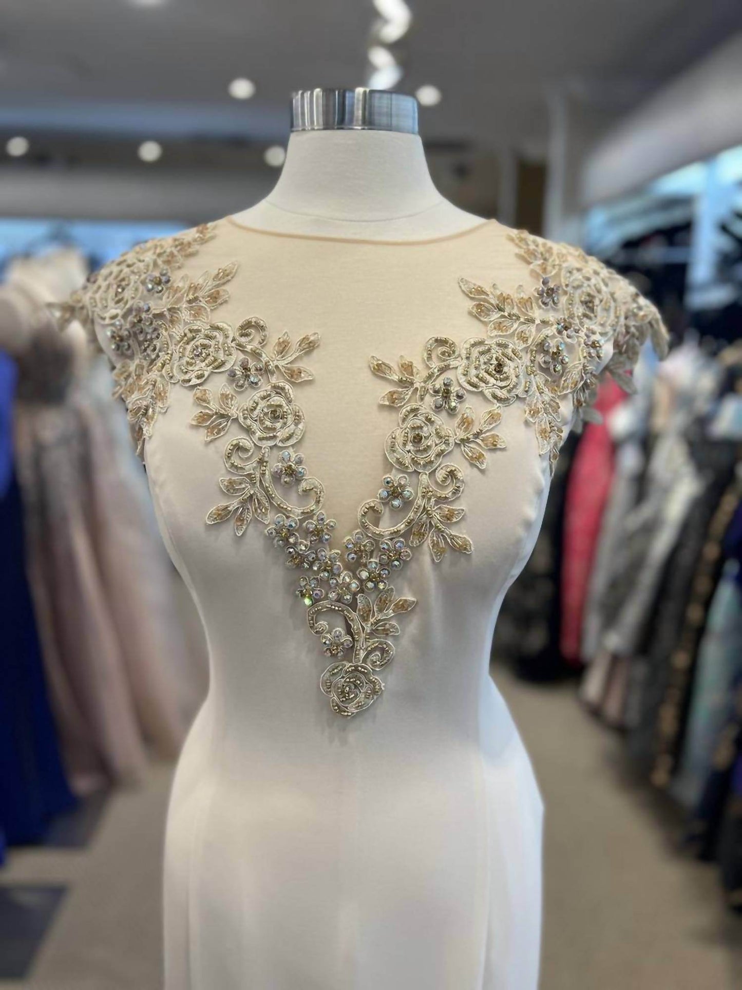 Saboroma - Floral Applique Illusion Plunging Mermaid Gown - Rack Hunt -