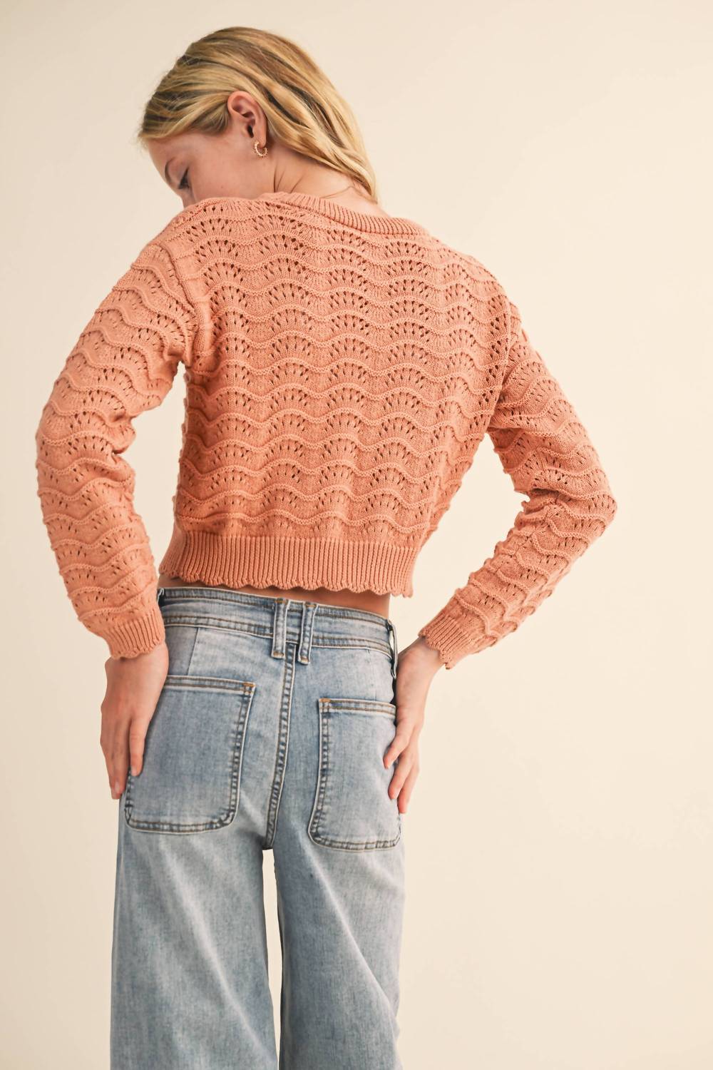 Girl's Crew Neck Wavy Pointelle Sweater