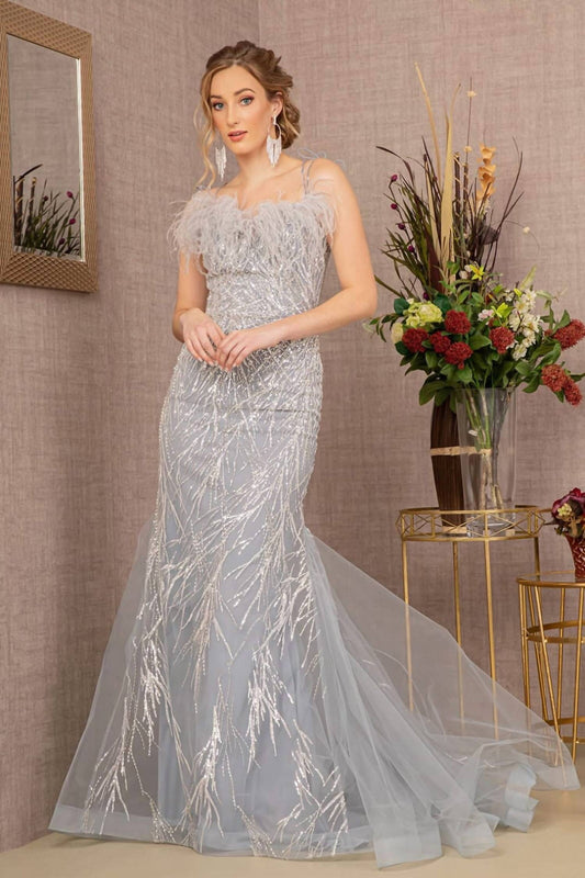 Sequin Print Feather Mermaid Gown
