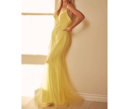 Glitter Mesh Fitted Evening Prom Gown