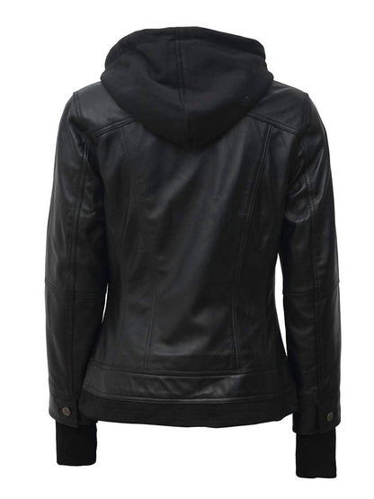 Women's Bomber Leather Jacket With Removable Hood