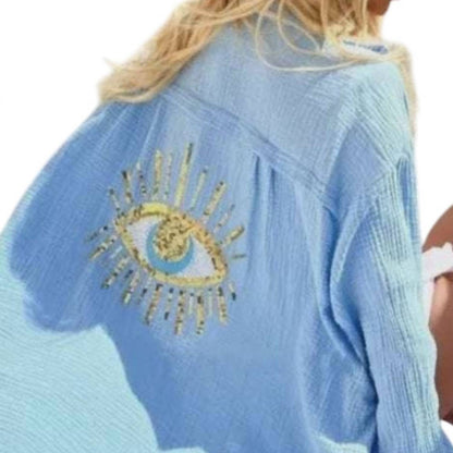 Oversized Evil Eye Gauze Cotton Button Shirt
