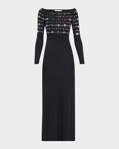Grommet Off-the-shoulder Long-sleeve Maxi Dress