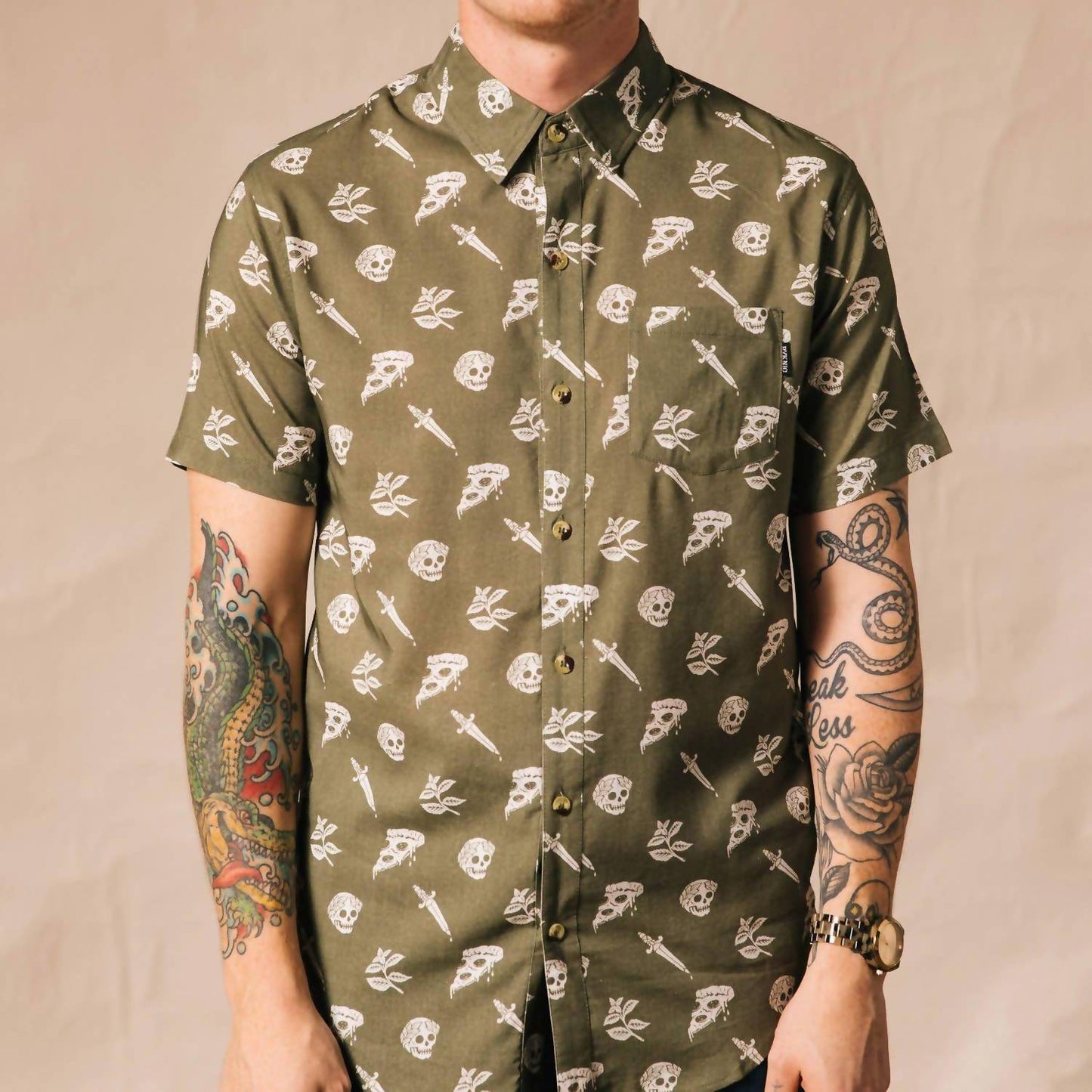 Pizza Slayer Tattoo Flash Casual Button Up Shirt
