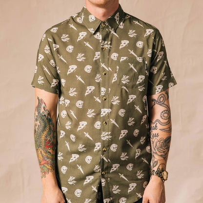 Pizza Slayer Tattoo Flash Casual Button Up Shirt