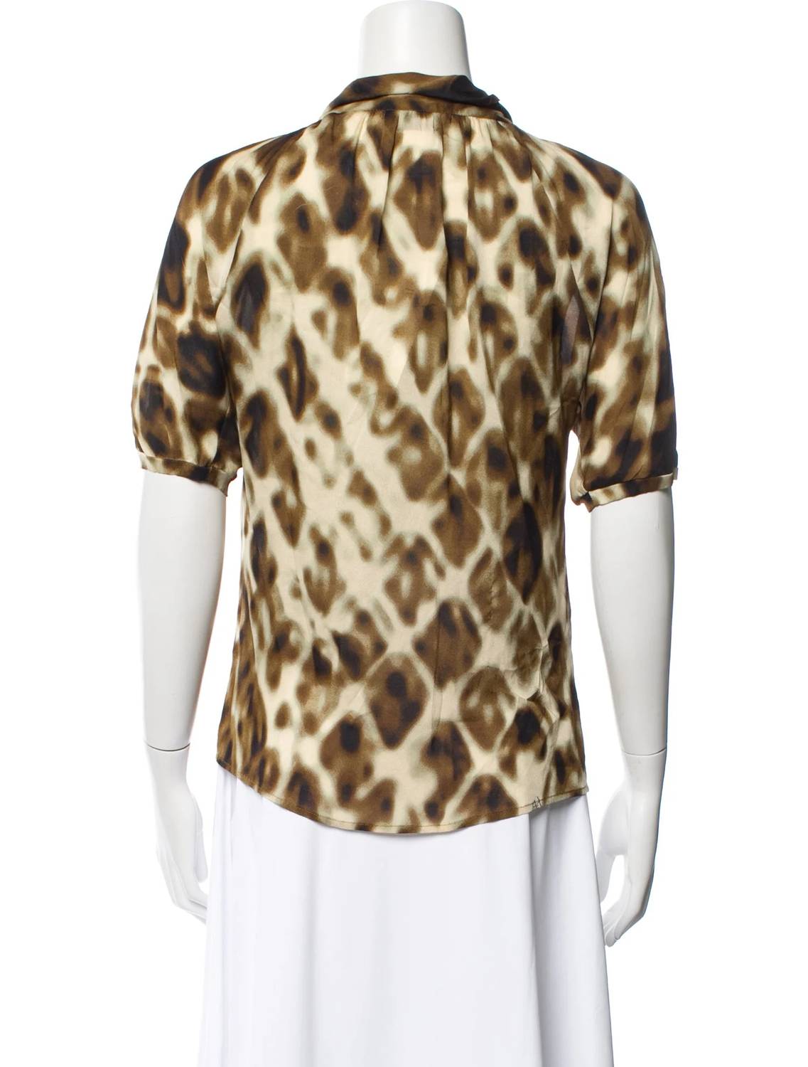 Women's Pre-loved Print Blouse With Ruffle Front Trim And Neck Tie