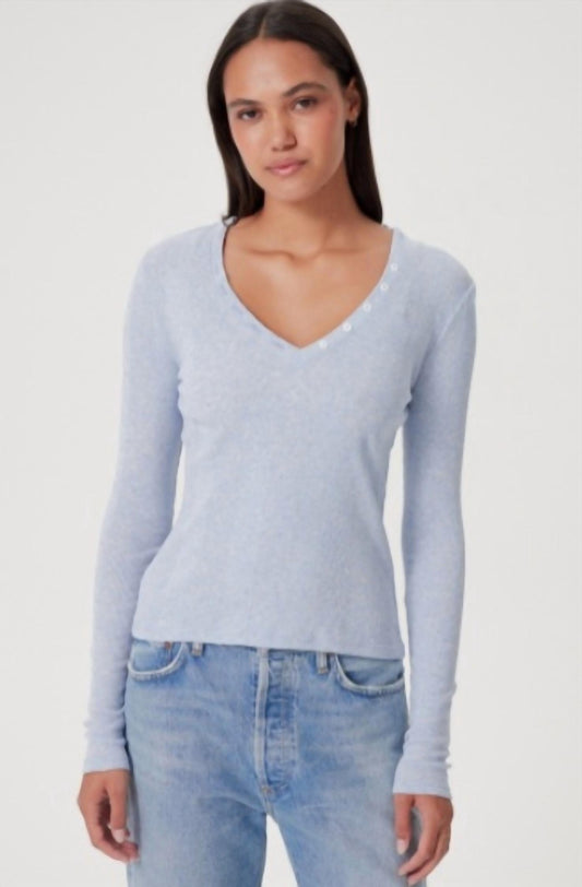 Rib Long Sleeve V Top with Buttons
