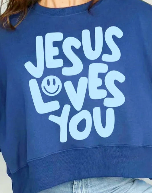 Smiley Jesus Loves You Puff Crop Sweatshirt