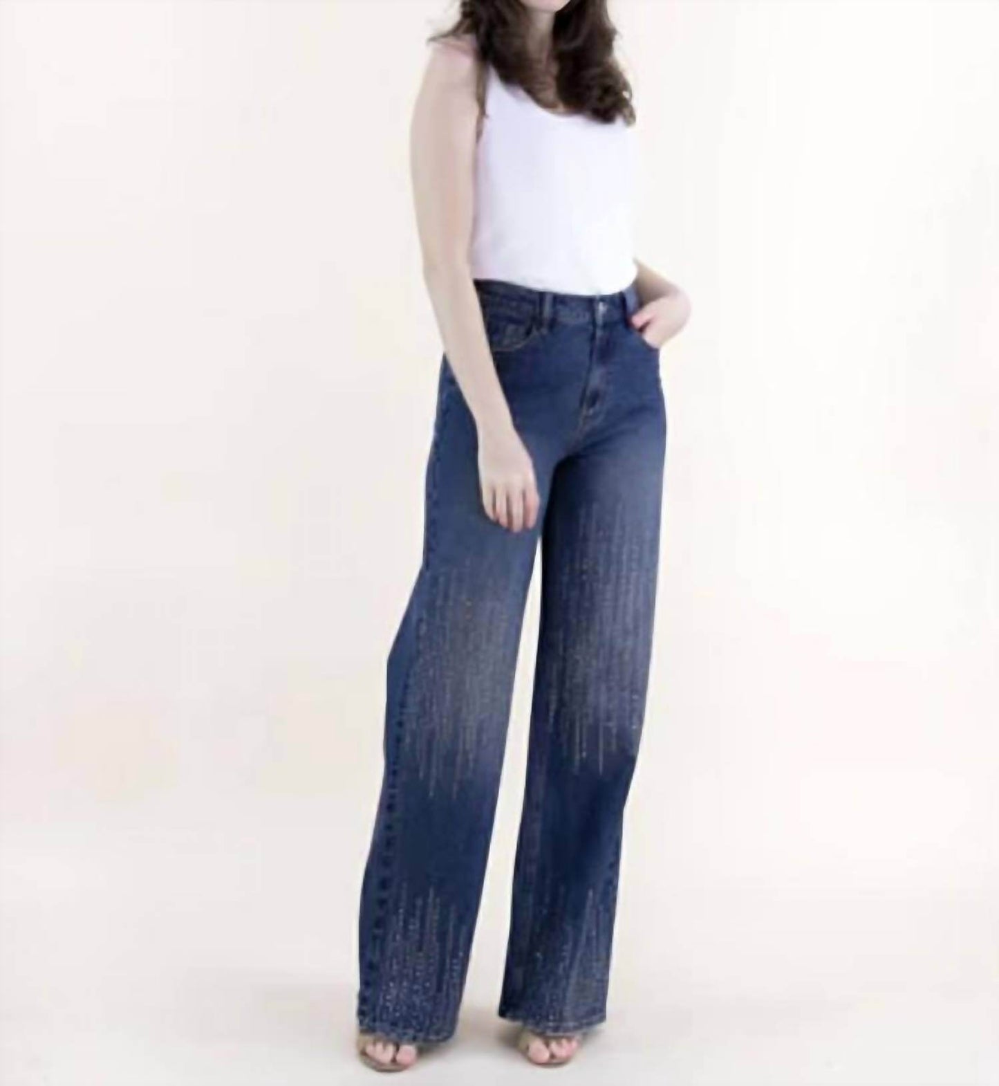 Original USA - Square Rhinestone Lines Embellished High Rise Wide Leg Jeans Plus - Rack Hunt -