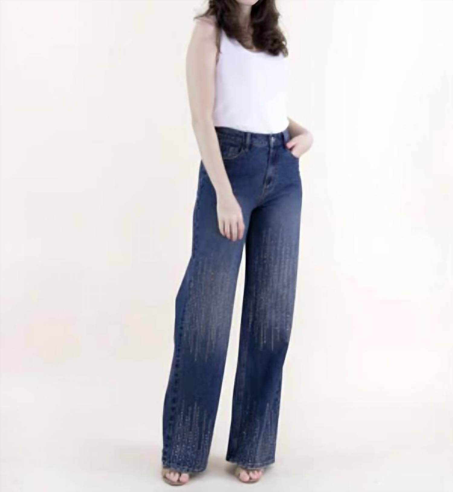 Original USA - Square Rhinestone Lines Embellished High Rise Wide Leg Jeans Plus - Rack Hunt -