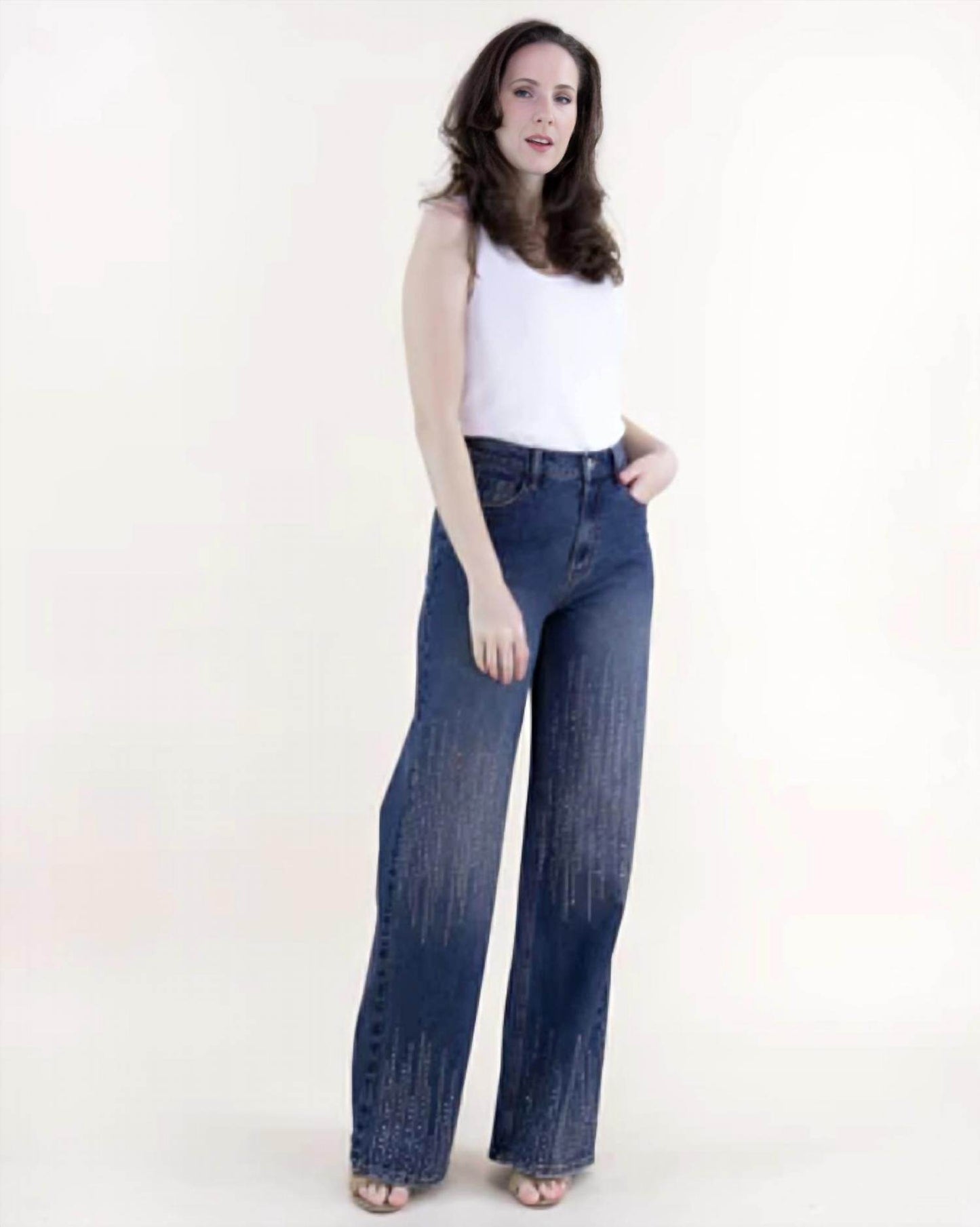 Original USA - Square Rhinestone Lines Embellished High Rise Wide Leg Jeans Plus - Rack Hunt -