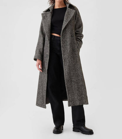 Double-breasted Herringbone Belted Trench Coat