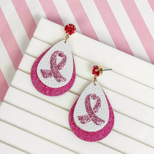 Women's Breast Cancer Glitter Teardrop Earrings