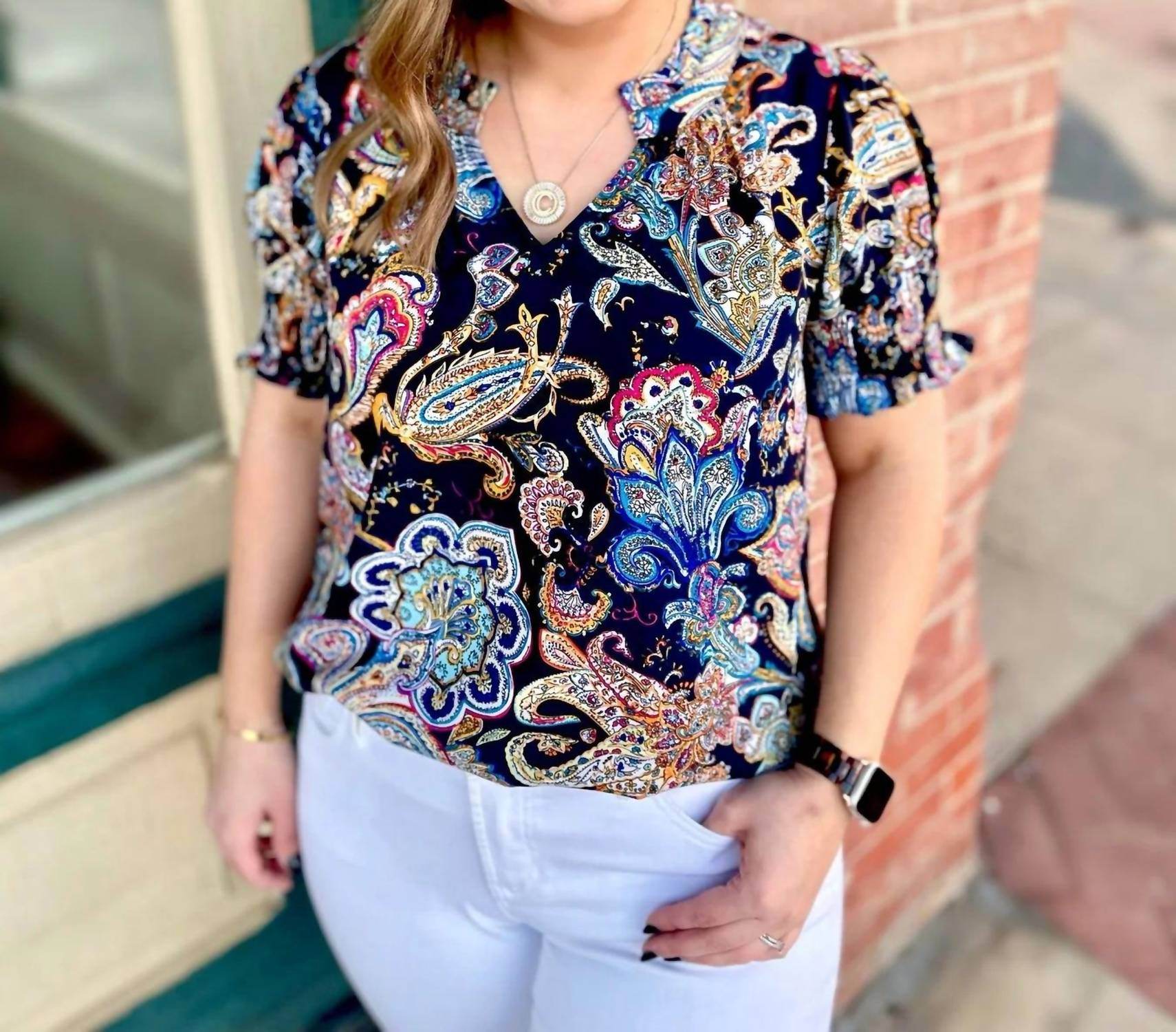 Washco - Paisley Print Short Sleeve Blouse - Rack Hunt -